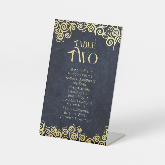 Navy Blue & Gold Wirbel Sitzkarten Tischnummer Sockelschild (Vorderseite)