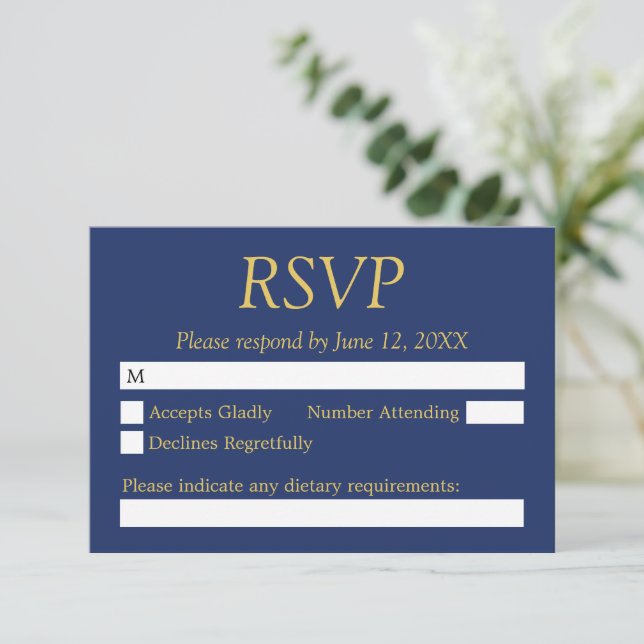 Navy Blue Golden Beige Wedding RSVP Card (Stehend Vorderseite)