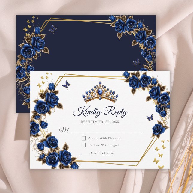 Navy Blue Golden Roses Tiara Quinceañera RSVP Karte (Von Creator hochgeladen)