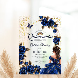 Navy Blue Golden Tiara Rosen Quinceañera Acryleinladungen