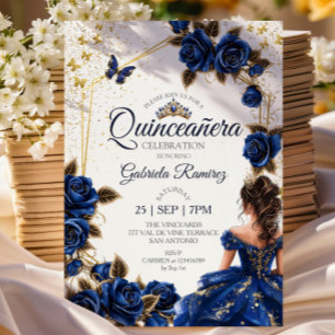 Navy Blue Golden Tiara Rosen Quinceañera Einladung