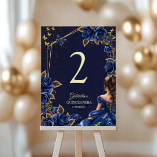 Navy Blue Golden Tiara Rosen Quinceañera Tischnummer