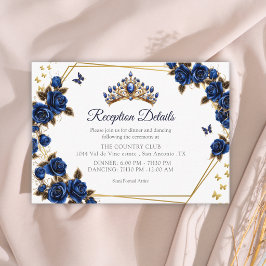 Navy Blue Golden Tiara Roses Butterfly Quinceañera Begleitkarte