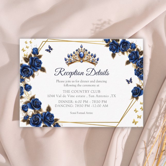 Navy Blue Golden Tiara Roses Butterfly Quinceañera Begleitkarte (Von Creator hochgeladen)