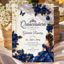 Navy Blue Golden Tiara Roses Quinceañera