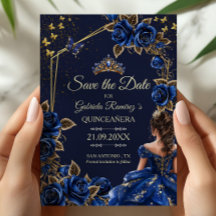 Navy Blue Golden Tiara Roses Quinceañera