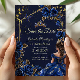 Navy Blue Golden Tiara Roses  Quinceañera Save The Date