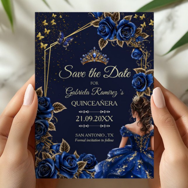 Navy Blue Golden Tiara Roses  Quinceañera Save The Date (Von Creator hochgeladen)