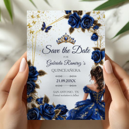 Navy Blue Golden Tiara Roses  Quinceañera Save The Date