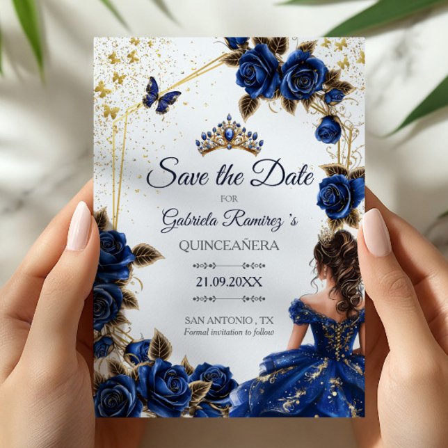 Navy Blue Golden Tiara Roses  Quinceañera Save The Date (Von Creator hochgeladen)