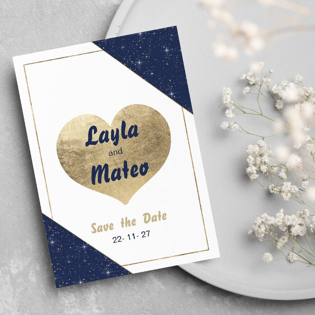 Navy-Blue-Goldherz-Funkel-Glitzer Save the Date Einladung (Navy blue gold heart sparkle glitter Save the Date)