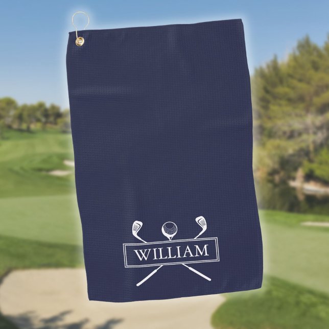Navy Blue Golf Clubs und Ball Personalisiert Name Golfhandtuch (Navy Blue Golf Clubs And Ball Personalized Name Golf Towel)