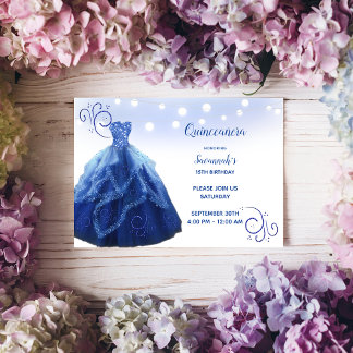 Navy Blue Gown String Lights Quinceanera Einladung