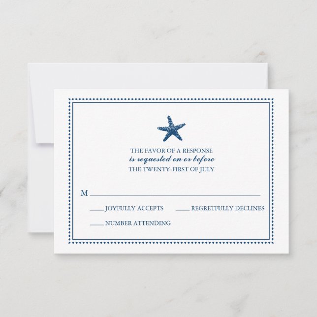 Navy Blue Graceful Starfish Wedding RSVP Karte (Vorderseite)