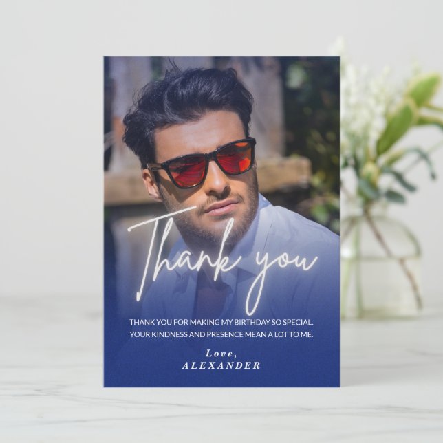Navy blue Gradient Photo Birthday Thank you card Einladung (Stehend Vorderseite)