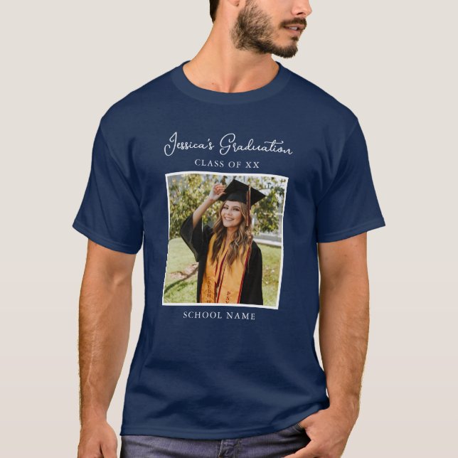 Navy Blue Graduate Custom Foto Modernes Party T-Shirt (Vorderseite)
