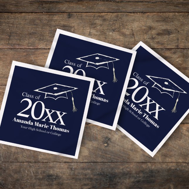 Navy Blue Graduation Cap Class of 20XX Name Serviette (Elevate your grad party with custom navy blue Class of 20XX napkins.)