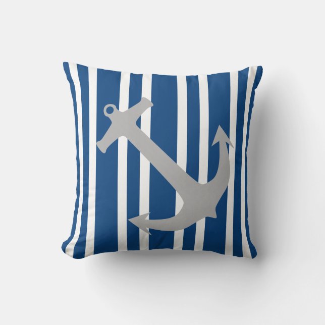 Navy Blue & Grau Nautical Anchor Streifenkissen Kissen (Vorderseite)