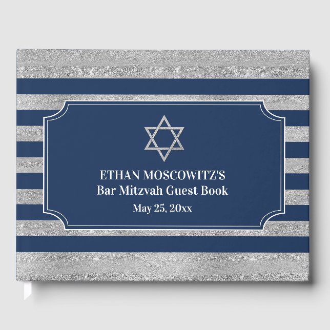 Navy Blue, Grau Stripes Bar Mitzvah Gästebuch (Vorderseite)