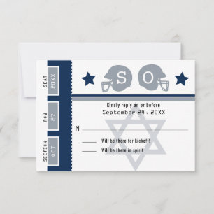 Navy Blue Gray Bar Mitzvah Football Ticket UAWG RSVP Karte