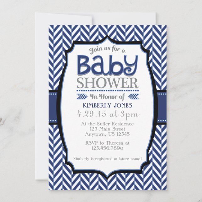 Navy Blue Gray Herringbone Baby Shower Einladungen (Vorderseite)