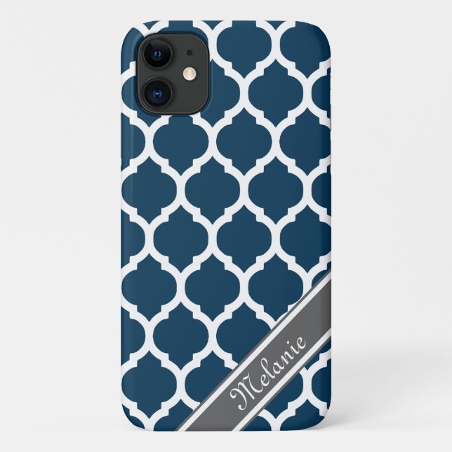 Navy Blue & Gray Lattice Individuelle Name Case-Mate iPhone Hülle (Rückseite)