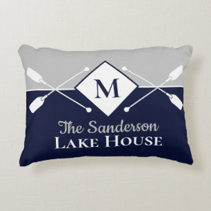 Navy Blue Gray Monogram Paddle Lake House Dekokissen
