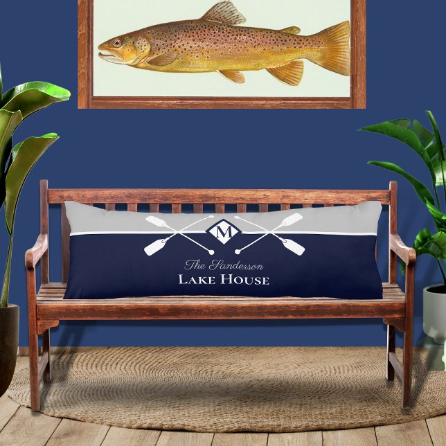 Navy Blue Gray Monogram Paddle Lake House Seitenschläferkissen (Von Creator hochgeladen)