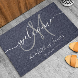 Navy Blue Gray Monogram Script Newlweds Hochzeit Fußmatte