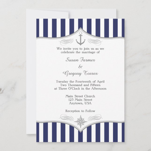 Navy Blue Gray Nautical Wedding Einladung (Vorderseite)