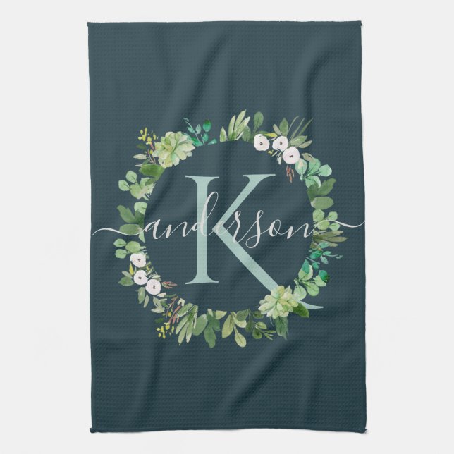 NAVY BLUE GRAY WREATT FOLIAGE WATERCOLOR MONOGRAM GESCHIRRTUCH (Vertikal)