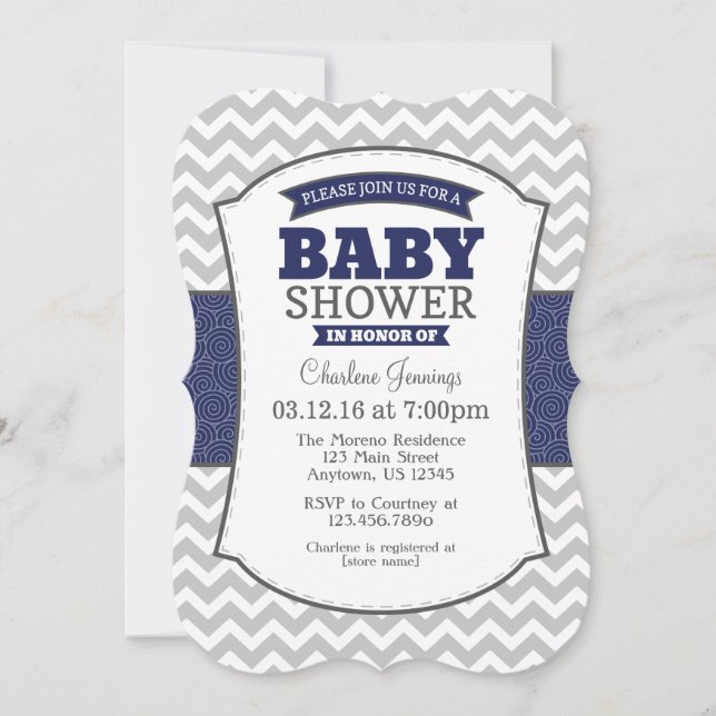 Navy Blue Gray Zickzack Baby Shower Einladung (Vorderseite)