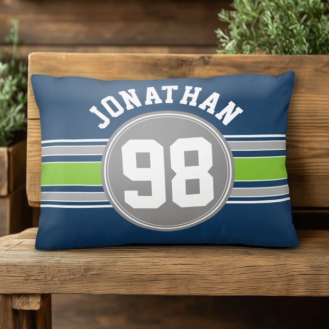 Navy Blue Green Auto Racing Stripes Name Number Dekokissen (Custom Pillow)