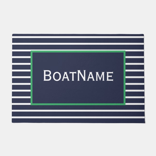 Navy Blue & Green Boat Name Doormat Fußmatte (Vorderseite)