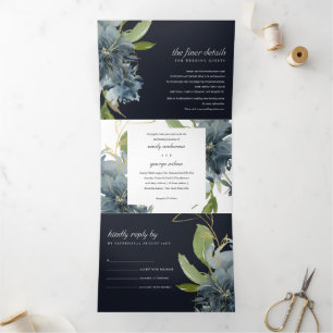 NAVY BLUE GREEN GOLD FLORAL WATERCOLOR WEDD DREIFACH GEFALTETE EINLADUNG