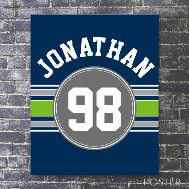 Navy Blue Green Sports Jersey Streifen Name Number Poster (Custom Sporty Poster)
