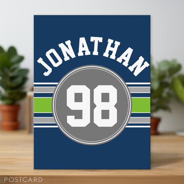 Navy Blue Green Sports Jersey Streifen Name Number Postkarte (Custom Postcard)