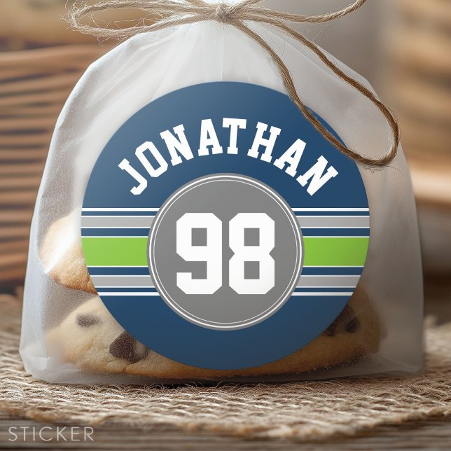 Navy Blue Green Sports Jersey Streifen Name Number Runder Aufkleber (Custom Sticker for Party Favors and Envelopes)