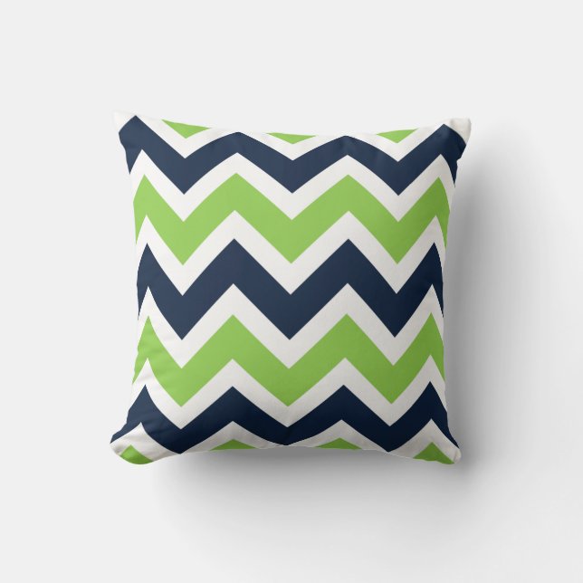 Navy Blue Green White Zickzack Pattern Pillow Kissen (Vorderseite)