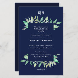 Navy Blue Greenery Blätter Budget Hochzeit Einladu