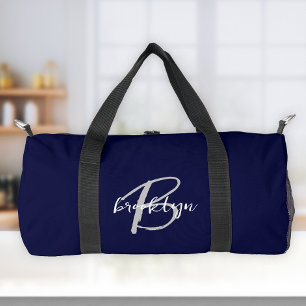 Navy Blue Grey White Script Monogram Duffle Bag