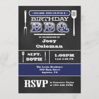 Navy Blue GRILLEN Birthday Chalkboard Einladung