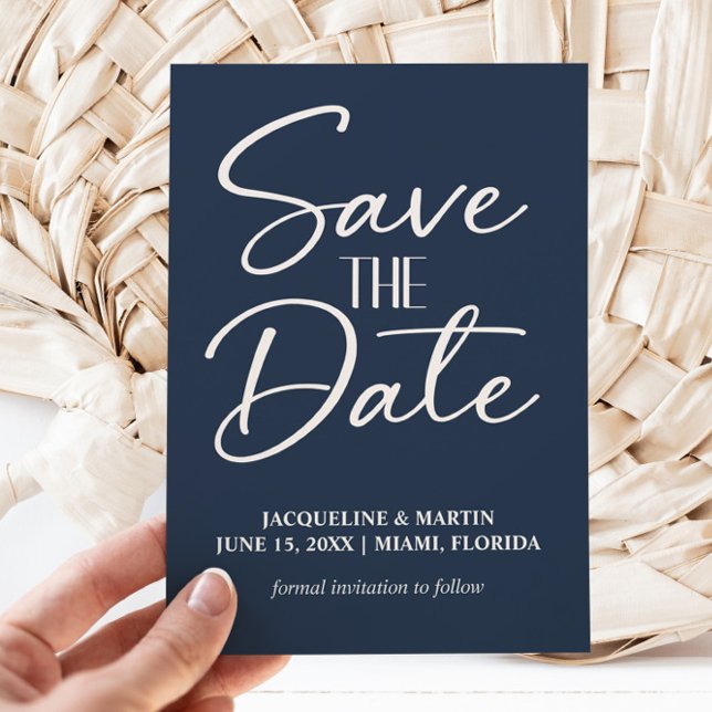 Navy Blue Hand Letted Script Wedding Save The Date (Navy blue and white wedding Save the Date photo card)