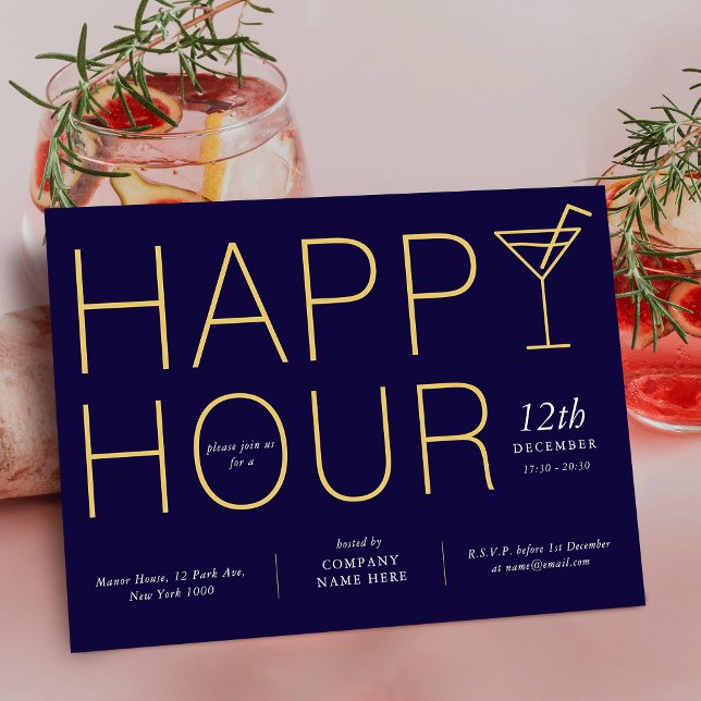 Navy Blue Happy Hour Client Wertschätzungsgeschäft Einladung (Modern Happy Hour Client Appreciation Business Invitation in navy blue and gold colors)