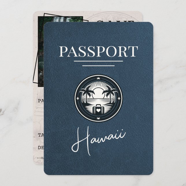 Navy Blue Hawaii Passport Save the Date (Vorne/Hinten)