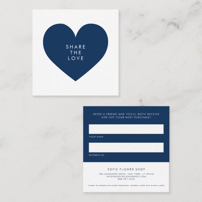 Navy Blue Heart Minimalistisch Liebe Business teil Empfehlungskarte (Vorne/Hinten)