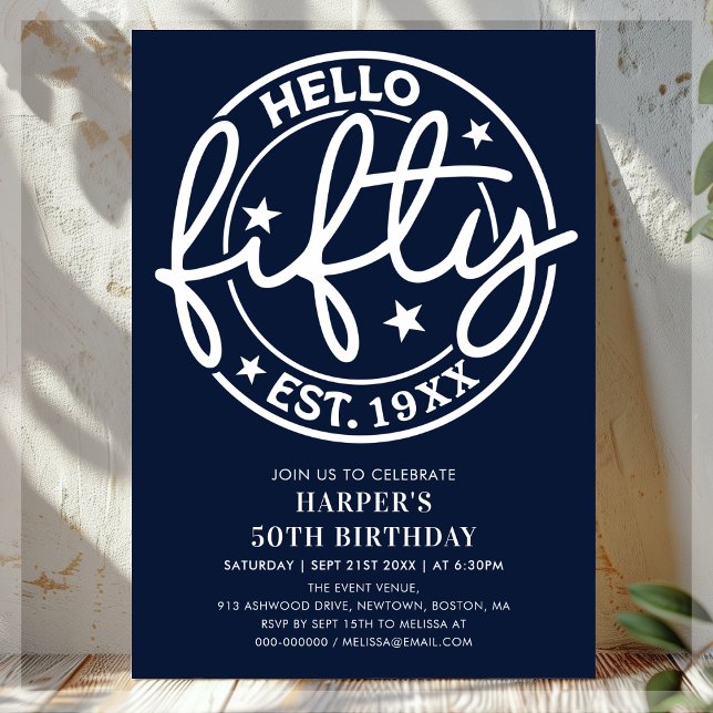Navy Blue Hello 50. Geburtstag Einladung (Von Creator hochgeladen)