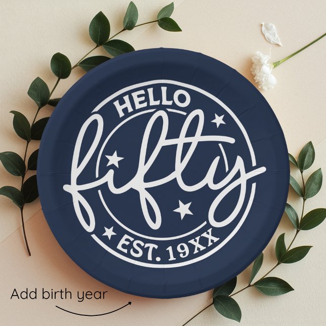 Navy Blue Hello 50. Geburtstag Pappteller (Von Creator hochgeladen)