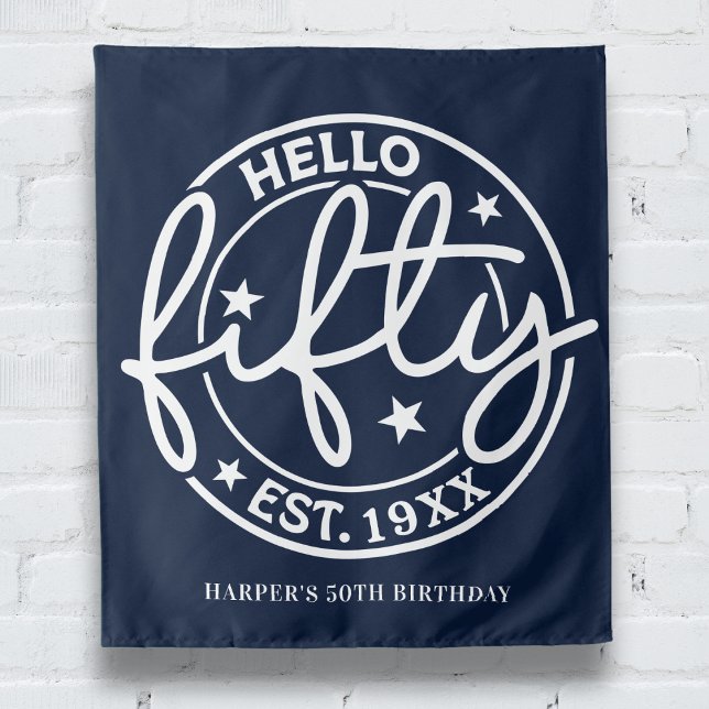 Navy Blue Hello 50. Geburtstag Wandteppich (Von Creator hochgeladen)