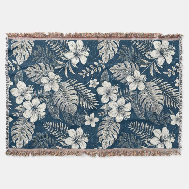 Navy Blue Hibiscus Monstera Tropical Botanical Decke (Vorderseite)